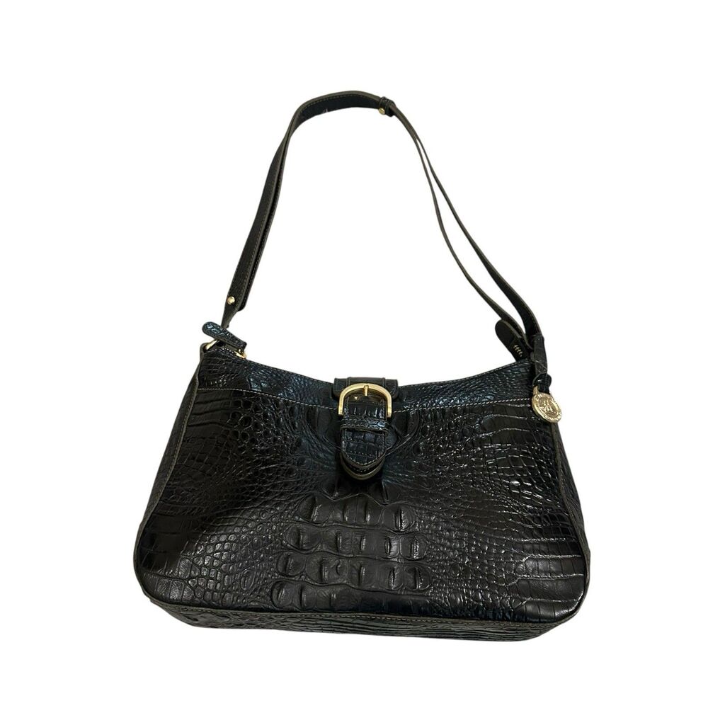 Brahmin Women’s Black Croc-Embossed Leather Shoulder Bag, Zip, Gold, Charm